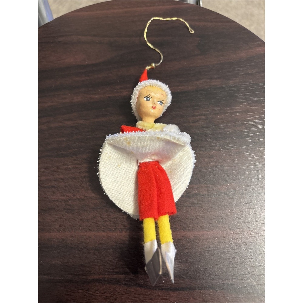 Vintage Christmas Pixie Ornament Red Felt Chenille MCM 6" Holidays